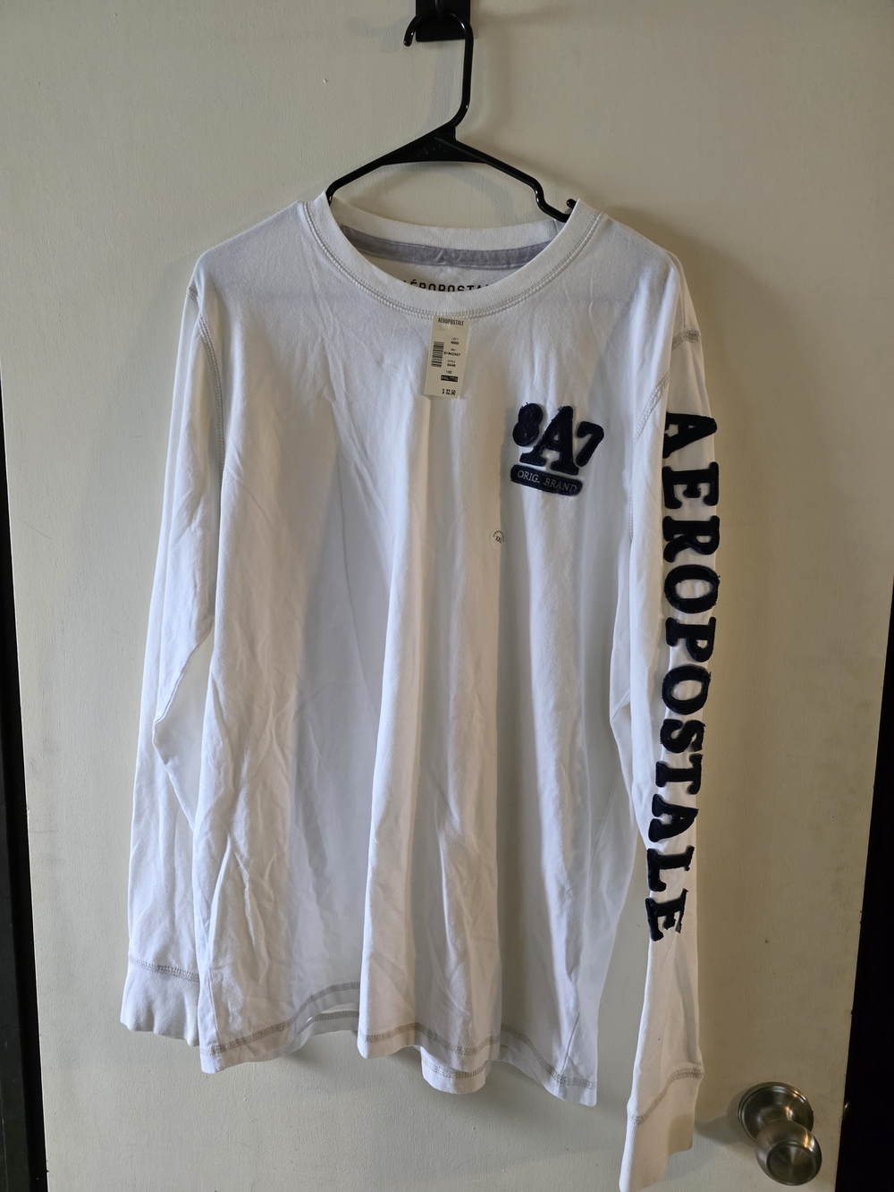 Aeropostale White Long-Sleeve Tee with Navy Sleeve Logo